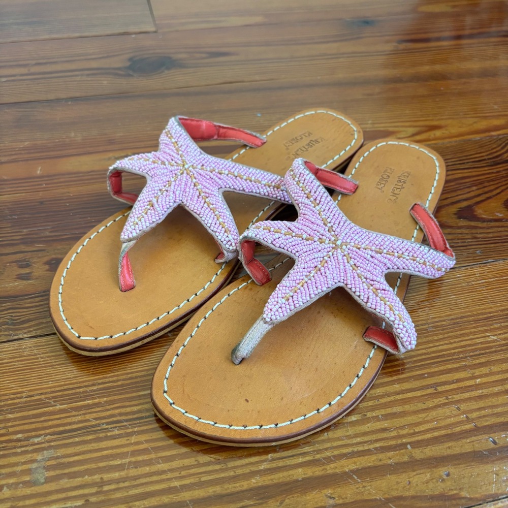 Kristen's Kloset Pink Beaded Starfish Leather Flat Sandals Flip Flops Womens 9